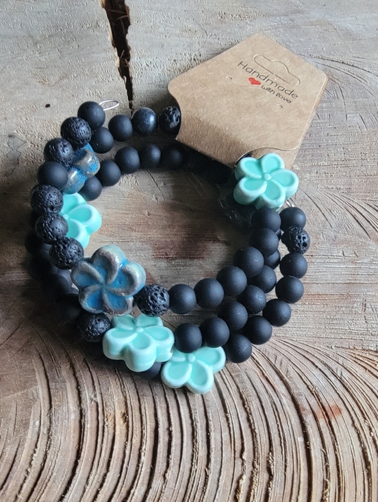handcrafted Jewelry - Handmade Mixed Lava Beads & Ceramic Flower Beaded Wire Wrap  Bracelet.